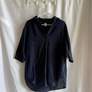 Relaxed Navy Women's Tunic Top - Linen Lightweight V-Neck